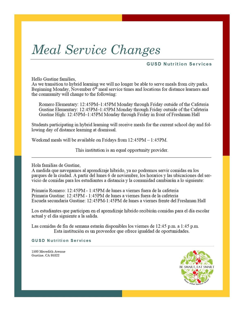 Meal Service Changes/Cambios en el Servicio de Comidas